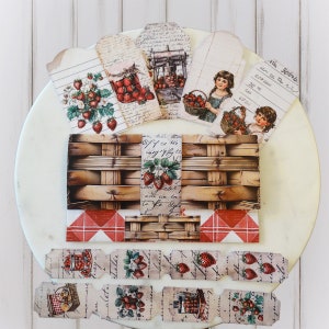 Strawberry Picnic Pocket Folio - Printable Digital Junk Journal Kit, Junk Journal Supplies, Gift Card Holder, Scrapbooking Vintage Ephemera