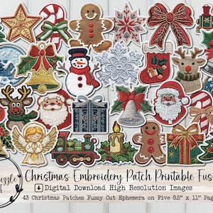 May include: A collection of Christmas-themed embroidered patches in various shapes, including a Christmas tree, star, snowman, Santa Claus, and gingerbread man. The patches feature red, green, and gold colors. The image includes the text "Christmas Embroidery Patch Printable Fussy Cuts."