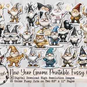 Lindos gnomos de Año Nuevo para recortar con papel efímero - 25 páginas imprimibles digitales de alta calidad - Suministros para diario basura, gnomos, pegatinas, recortes