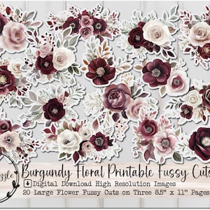 Páginas efímeras recortadas con flores grandes color burdeos: 20 páginas digitales imprimibles de alta calidad para descargar: suministros para diarios basura, álbumes de recortes, estilo shabby chic