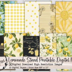 Lemonade Stand Digitale Papiere, 10 nahtlose digitale Download druckbare Seiten - Junk Journal Papier, Scrapbooking Bastelbedarf, Zitronenmarkt