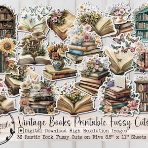 Vintage Bücher Fussy Schnitt Ephemera Seiten - 36 hochwertige druckbare digitale Downloads - Junk-Journal Zubehör - Bibliothek rustikale Blumenblumen