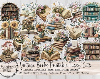 Op de afbeelding: Een digitale download van 36 afdrukbare fussy cuts met vintage boeken, bloemen en boekenkasten. De afbeeldingen zijn van hoge resolutie en perfect voor scrapbooking, kaart maken en andere papierkunst. De tekst op de afbeelding luidt "Vintage Books Printable Fussy Cuts", "Digital Download High Resolution Images" en "36 Rustic Book Fussy Cuts on Five 8.5" x 11" Sheets".