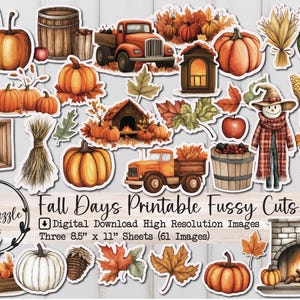 Días de otoño Fussy Cut Ephemera Pages - 61 Descarga digital imprimible de alta calidad - Calabazas de diario basura, hojas, scrapbooking cálido de otoño
