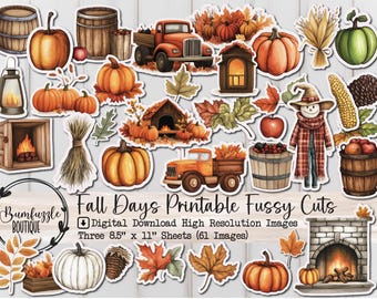 May include: A set of 61 printable fall-themed fussy cuts, including pumpkins, leaves, a scarecrow, a truck, a fireplace, and a lantern. The digital download includes three 8.5 x 11 inch sheets.