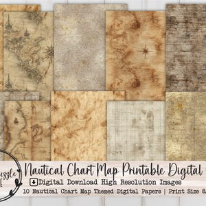 Papéis digitais para mapas náuticos de marinheiros, 10 páginas digitais para impressão sem emendas - Papel para diário, estrelas para scrapbooking, mapa, bússola