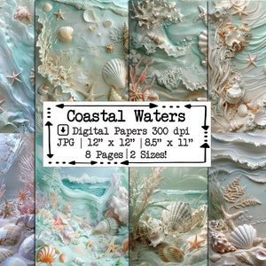 Papel Digital do Mar Costeiro | Jornal Lixo | Conjunto de papel para impressão | Páginas de álbum de recortes | Fundos à beira-mar do oceano | Artesanato em papel | Criação de cartões