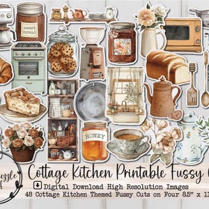 May include: A collection of watercolor-style illustrations of cottage kitchen items, including a coffee maker, jars of honey and sweet bread, a stove, cookies, a croissant, and a dress. The text "Cottage Kitchen Printable Fussy Cuts" is also present.
