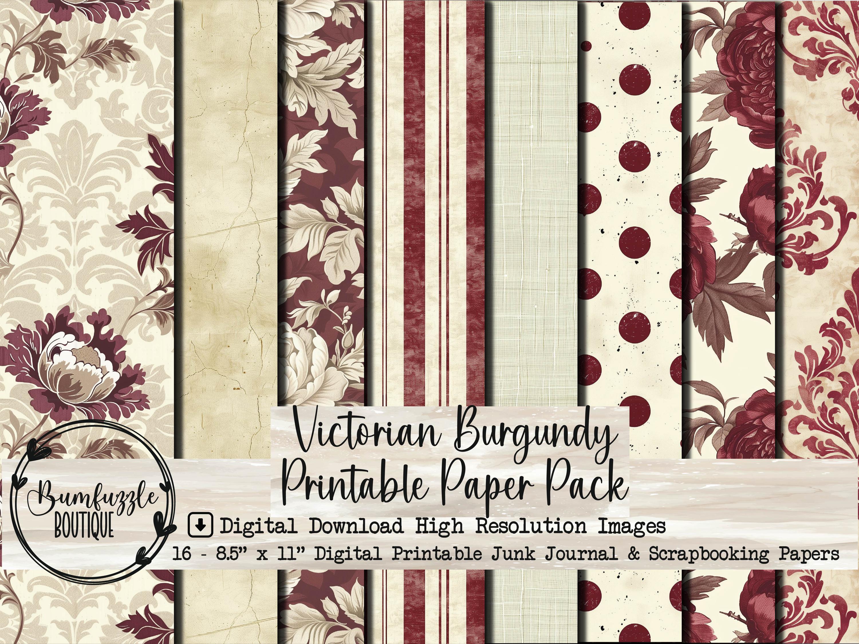 Victorian Burgundy Digital Paper Pack, Damask Roses 16 Junk Journal ...