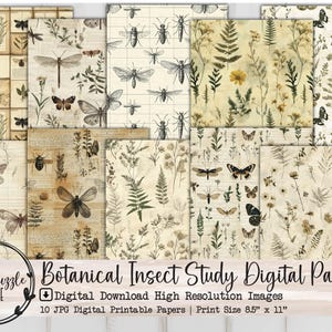 Botanische insectenstudie digitale papers, 10 naadloze digitale download afdrukbare pagina's - ongewenste dagboek, plakboek, exemplaar, planten, vintage