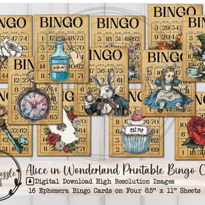 Alice im Wunderland Bingo Karten Ephemera Seiten - 16 Hochwertige Druckbare Digitaler Download - Junk Journal Kit Liefert Papier Scrapbooking