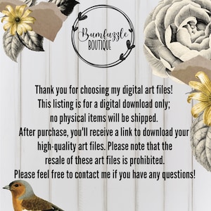 K&ouml;nnte beinhalten: Ank&uuml;ndigung digitaler Kunstdateien mit Blumen- und Vogelillustrationen. Der Text lautet: &bdquo;Vielen Dank, dass Sie sich f&uuml;r meine digitalen Kunstdateien entschieden haben!&ldquo; und Details zum digitalen Download. Der Shop-Name &bdquo;Bumbuzzle Boutique&ldquo; befindet sich in einem kreisf&ouml;rmigen Logo.