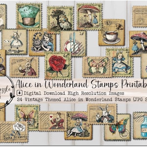 Alice au pays des merveilles timbres éphémères - imprimable en téléchargement numérique - Junk Journal Supplies vintage affranchissement postal Scrapbooking Paper Collage
