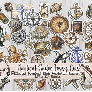 Vintage nautische matroos rustieke kieskeurig gesneden Ephemera pagina's - afdrukbare digitale download - printables - junk Journal Sea Life Ocean Beach anker