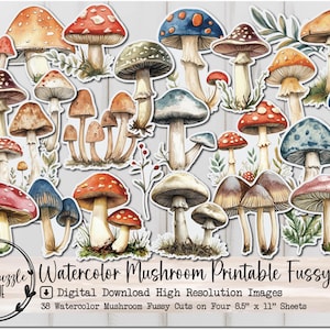 Aquarell Pilz Fussy Schnitt Ephemera Seiten - 38 hochwertige druckbare digitale Downloads - Junk Journal Zubehör, niedliche Wald Ephemera