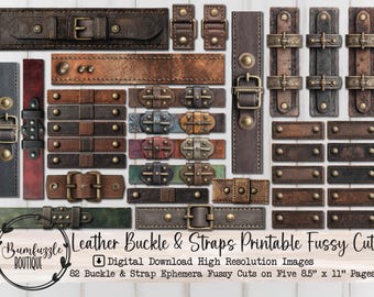 Kunstleder Schnallen & Riemen fussy Schnitte - Vintage Printable Junk Journal Ephemera (Digitaler Download)