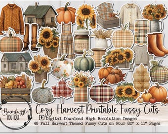 May include: A collection of fall-themed digital cutouts featuring pumpkins, sunflowers, houses, boots, and sweaters. The image includes the text "Cozy Harvest Printable Fussy Cuts" and "Digital Download High Resolution Images". The cutouts are on four 8.5" x 11" pages.
