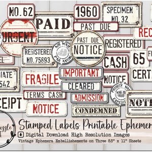 Etiquetas vintage estampadas con cortes finos para efímeras - 92 páginas imprimibles de alta calidad - Descarga digital - Diario basura, pegatinas, etiquetas, adornos