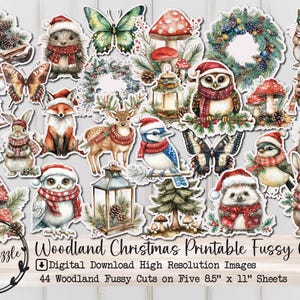 Woodland Christmas Fussy Cut Ephemera Pages - 44 High Quality Printable Digital Download - Junk Journal Supplies, Cute Animal Ephemera Fussy