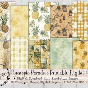 Papéis digitais Pineapple Paradise, 10 páginas imprimíveis digitais perfeitas para download - Papel para diário, materiais para scrapbooking vintage