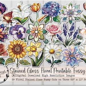 Stained Glass Floral Fussy Cut Ephemera Pages - 29 High Quality Printable Digital Download - Junk Journal Supplies, Scrapbooking, Flowers