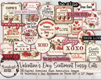 Valentine's Day Sentiment Fussy Cuts – Printable Junk Journal Ephemera (Digital Download)