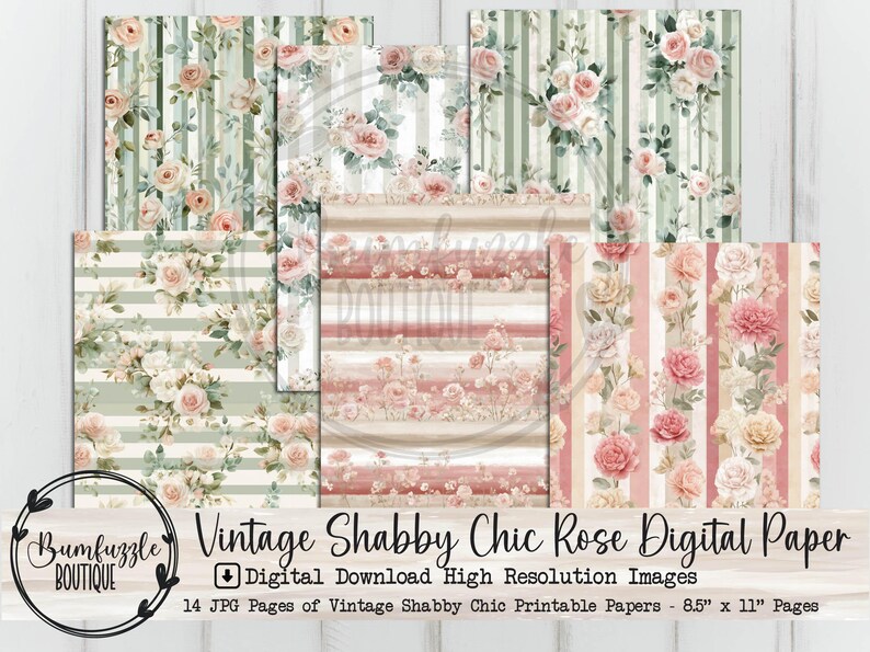 Vintage Shabby Chic Floral Digital Paper, Roses Junk Journal Scrapbook ...
