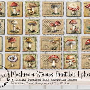 Vintage champignon timbres Ephemera Page - 24 téléchargement numérique imprimable de haute qualité - courrier postal courrier indésirable Scrapbooking coupe difficile Woodland
