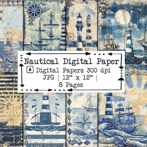 Carta digitale nautica, diario spazzatura, set di carta stampabile, pagine di scrapbooking, sfondi Sailor Ocean, artigianato con la carta, creazione di carte