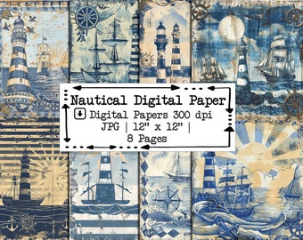 Nautical Digital Paper | Ocean Scrapbook, Junk Journal 12x12, 8 JPG (Digital Download)