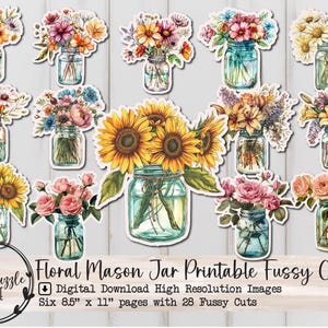Vintage Floral Mason Jar Fussy Cuts Ephemera - Printable Digital Download - Printable Journaling Craft Supplies Junk Journal Flowers Shabby