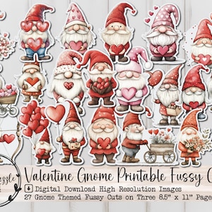 Cute Valentines Day Gnomes Fussy Cut Ephemera Pages - 27 High Quality Printable Digital Download - Junk Journal Supplies Sticker Ephemera