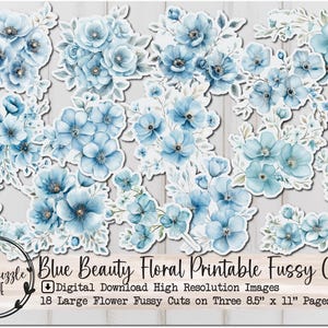 Páginas de itens efêmeros com cortes finos de flores grandes azuis - 18 downloads digitais para impressão de alta qualidade - Junk Journal Supplies, Scrapbooking, Shabby Chic