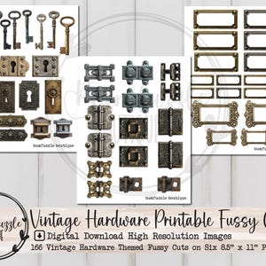 Vintage Faux Hardware Fussy Cut Ephemera Pages - High Quality Printable Digital Download - Junk Journal - Scrapbooking Vintage Images, digital hardware stickers, junk journal cutouts, Embellishments, Keys, Locks, Hinges, Screws, Gears, Edge Decals