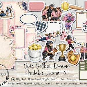 May include: A digital printable journal kit featuring softball-themed illustrations including players, a catcher, a gold trophy, a pink helmet, a baseball bat, a bucket of softballs, a bouquet of flowers, and various decorative frames and note cards.
