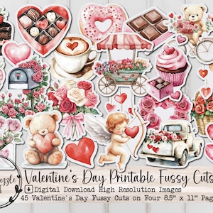Valentines Day Fussy Cut Ephemera Pages - 45 High Quality Printable Digital Download - Junk Journal Cutouts, Valentines Stickers, Love Heart