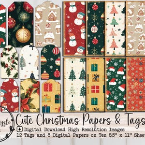 Cute Christmas Paper and Tags - High Quality Printable Digital Download - Junk Journal Kit Supplies, 8 Papers, 12 Tags, Junk Journal Pages