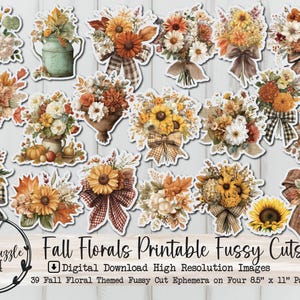 Könnte beinhalten: Eine Sammlung von Herbstblumen-Fussy-Cut-Bildern. Die Bilder zeigen Sträuße aus Sonnenblumen, Gänseblümchen und anderen Herbstblumen mit dekorativen Schleifen. Der Text lautet "Fall Florals Printable Fussy Cuts".