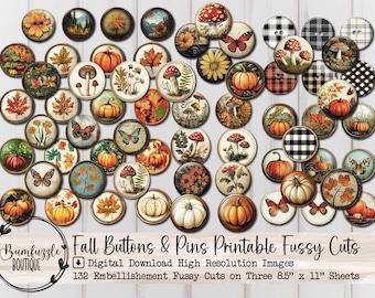 May include: A set of 132 printable fall-themed buttons and pins. The images feature pumpkins, leaves, mushrooms, butterflies, and plaid patterns in various colors, including orange, red, brown, green, and black. The images are arranged on three 8.5 x 11 inch sheets.