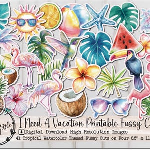 Aquarelle tropicale, coupe délicate, pages éphémères, 41 pages en téléchargement numérique imprimable de haute qualité, fournitures pour carnets, autocollants, albums de scrapbooking, été