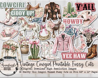 Cowgirl Fussy Cuts – Shabby Chic Printable Junk Journal Ephemera (Digital Download)