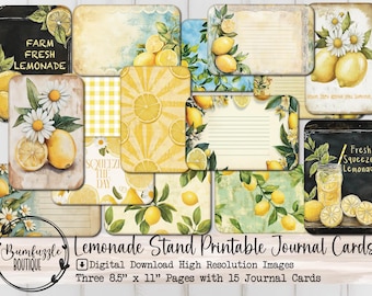 Lemonade Stand Journal Cards Ephemera Page - 15 High Quality Print Digital Download - Junk Journal Supplies, Lemon Tags Scrapbook Vintage