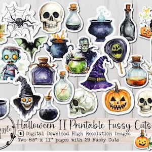 Halloween Fussy Cut Ephemera Seiten - 29 qualitativ hochwertige druckbare digitale Downloads - Junk Journal, Kürbisse, Zaubertränke, Skelette, Kessel, Fledermaus