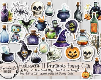 May include: A set of 29 printable Halloween fussy cuts, featuring spooky and whimsical illustrations. The set includes images of skulls, potions, cauldrons, bats, pumpkins, and more. The images are perfect for creating Halloween crafts, cards, and decorations.