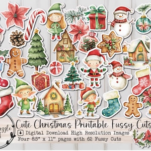 Cute Christmas Fussy Cut Ephemera Pages - 62 High Quality Printable Digital Download - Junk Journal  Candy Canes, Elves, Cookies, Snowman