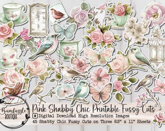 Pagine di effimeri fussy cut rosa in stile shabby chic - 45 pagine digitali stampabili di alta qualità da scaricare - Forniture per diari spazzatura, scrapbooking, rosa vintage