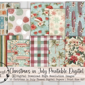 Christmas in July Digital Papers, 10 Seamless Digital Download Printable Pages - Junk Journal Paper,  Scrapbooking Craft Supplies Vintage