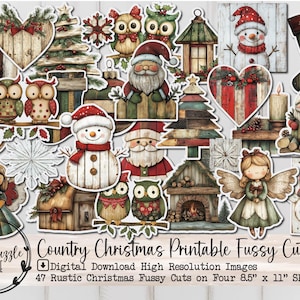 Páginas de itens efêmeros de Natal rústicos e recortados - 47 downloads digitais para impressão de alta qualidade - Junk Journal Supplies, Papai Noel, bonecos de neve e anjos