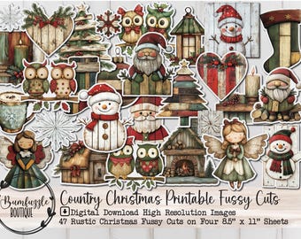 May include: A collection of country Christmas-themed fussy cuts. The image features various cutouts of Santa Claus, snowmen, owls, angels, Christmas trees, and hearts. The color palette includes red, green, brown, and white. The text reads "Country Christmas Printable Fussy Cuts".