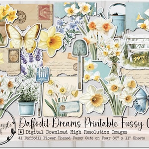 Daffodil Dreams Fussy Cut Ephemera Pages - 41 wysokiej jakości wydrukowanych cyfrowo do pobrania - Junk Journal Supplies, Floral, Vintage, Flowers